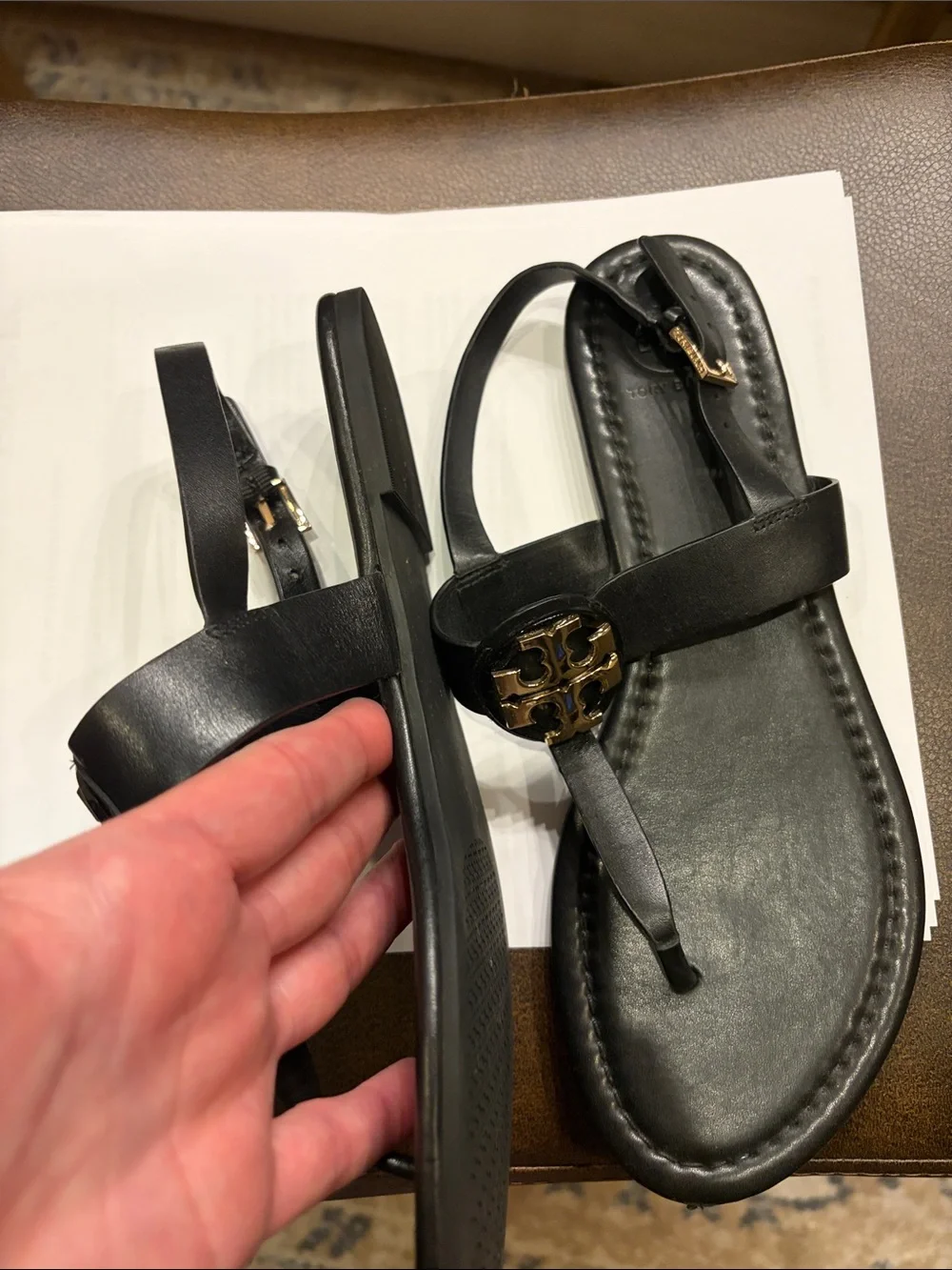 Tory Burch Black Leather Sandals with Gold Logo Medallions